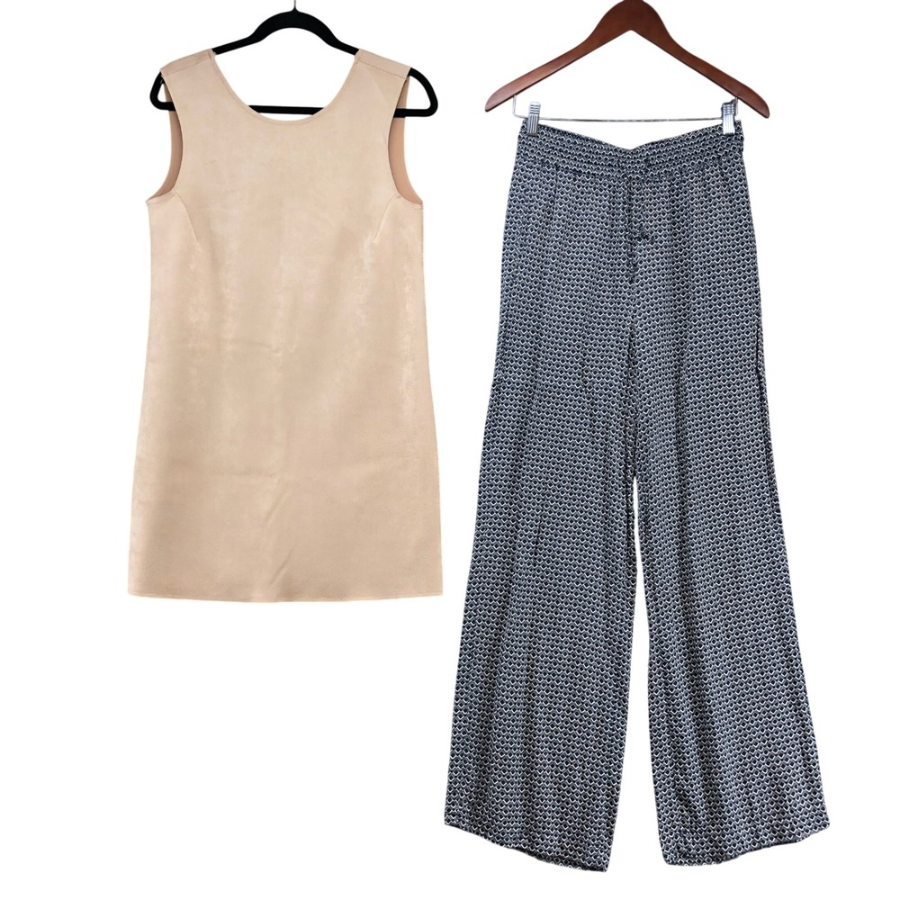 Zara Two Piece Set Womens M Medium Tan Faux Suede Dress Geometric Wide Leg Pants